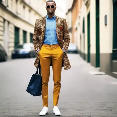 The power play of combining different colors and patterns in this outfit creates a bold and stylish look.