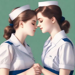 A high-quality digital art image featuring two nursing student girls, sharing a tender moment