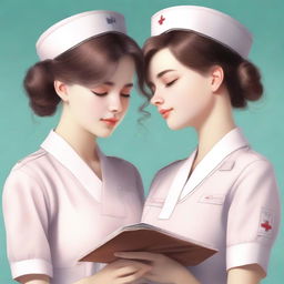 A high-quality digital art image featuring two nursing student girls, sharing a tender moment
