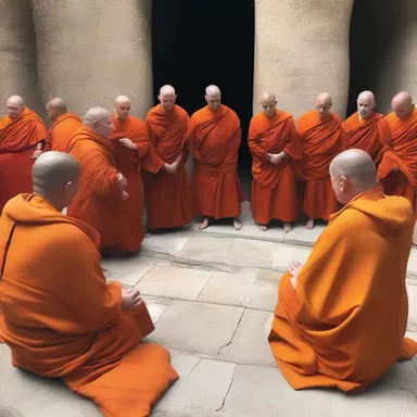 The monks gathered for a metaphysical discussion on the existence of a higher power.