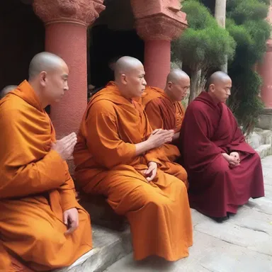 The monks gathered for a metaphysical discussion on the existence of a higher power.
