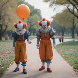 A dynamic scene featuring Pennywise from IT and Goku from Dragon Ball Z together at a picturesque park.