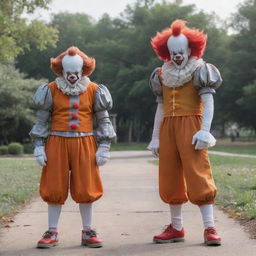 A dynamic scene featuring Pennywise from IT and Goku from Dragon Ball Z together at a picturesque park.