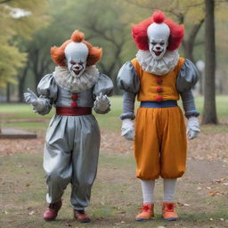 A dynamic scene featuring Pennywise from IT and Goku from Dragon Ball Z together at a picturesque park.