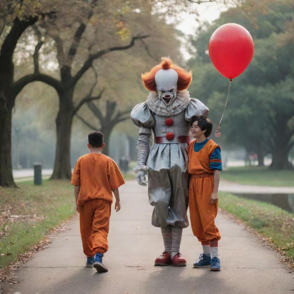 A dynamic scene featuring Pennywise from IT and Goku from Dragon Ball Z together at a picturesque park.