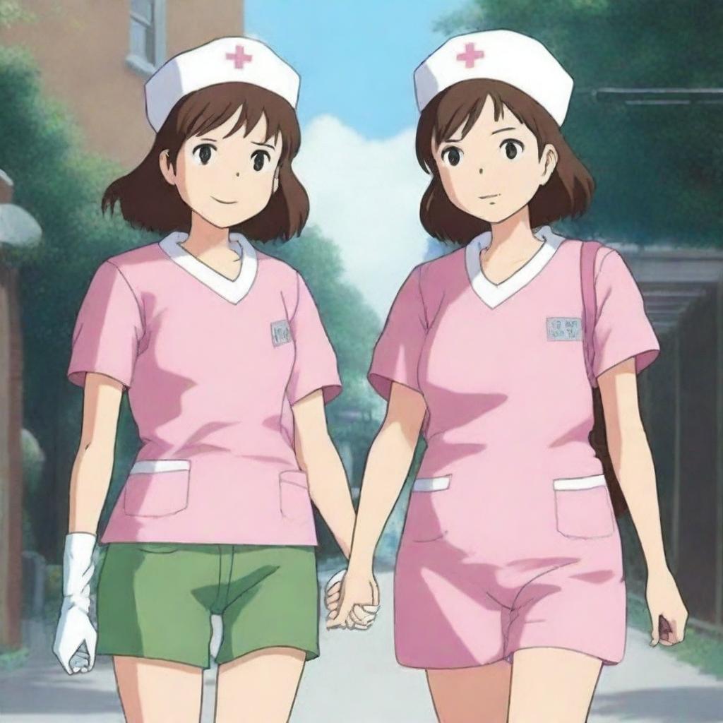 A high-resolution digital art image featuring two college student girls holding hands, their camaraderie and shared passion for nursing evident