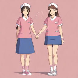 A high-resolution digital art image featuring two college student girls holding hands, their camaraderie and shared passion for nursing evident