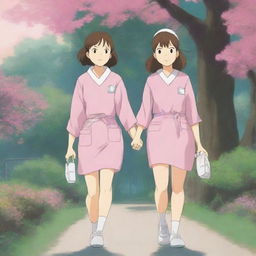A high-resolution digital art image featuring two college student girls holding hands, their camaraderie and shared passion for nursing evident