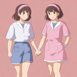 A high-resolution digital art image featuring two college student girls holding hands, their camaraderie and shared passion for nursing evident