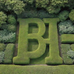 An intricately designed garden, with lush green bushes pruned precisely to form the word 'DNR'.