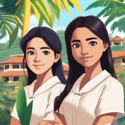 A high-quality digital art image captures two college girls in the Philippines, their gazes locked in an affectionate stare
