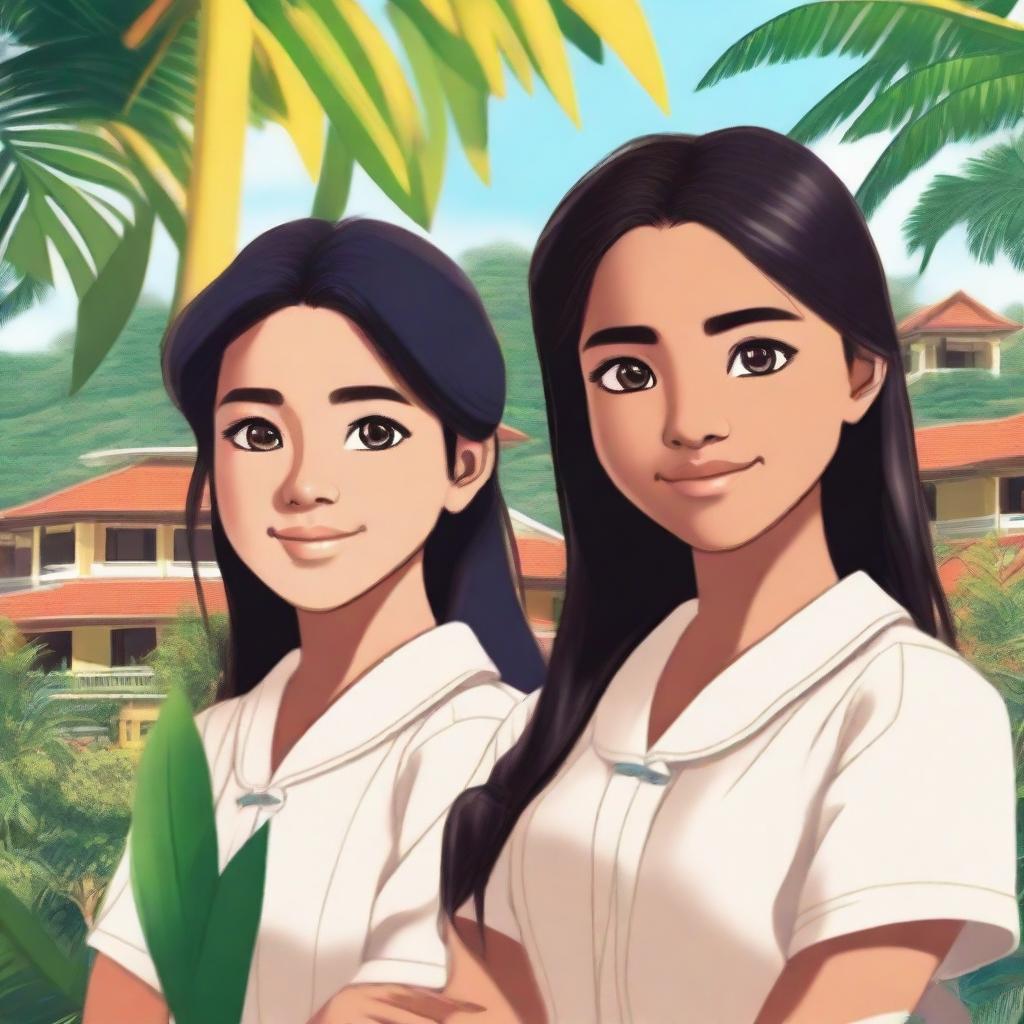A high-quality digital art image captures two college girls in the Philippines, their gazes locked in an affectionate stare