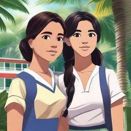 A high-quality digital art image captures two college girls in the Philippines, their gazes locked in an affectionate stare