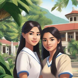 A high-quality digital art image captures two college girls in the Philippines, their gazes locked in an affectionate stare