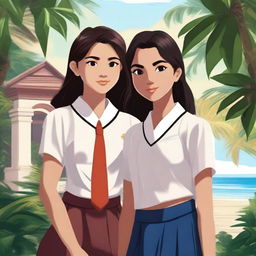 A high-quality digital art image captures two college girls in the Philippines, their gazes locked in an affectionate stare