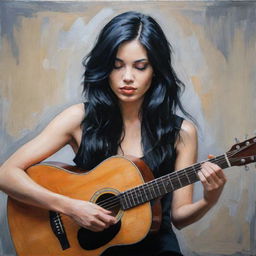 A girl with black hair playing guitar in an acrylic painting style