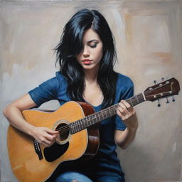 A girl with black hair playing guitar in an acrylic painting style