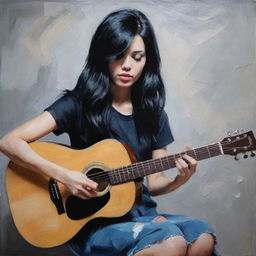 A girl with black hair playing guitar in an acrylic painting style