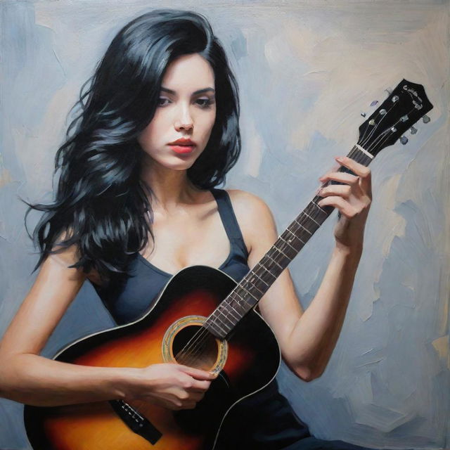 A girl with black hair playing guitar in an acrylic painting style