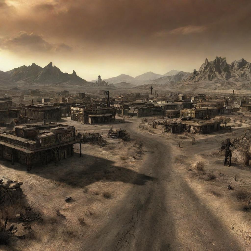 An artistically rendered scene of the post-apocalyptic world depicted in Fallout New Vegas, with its iconic landmarks and desolate, irradiated desert.