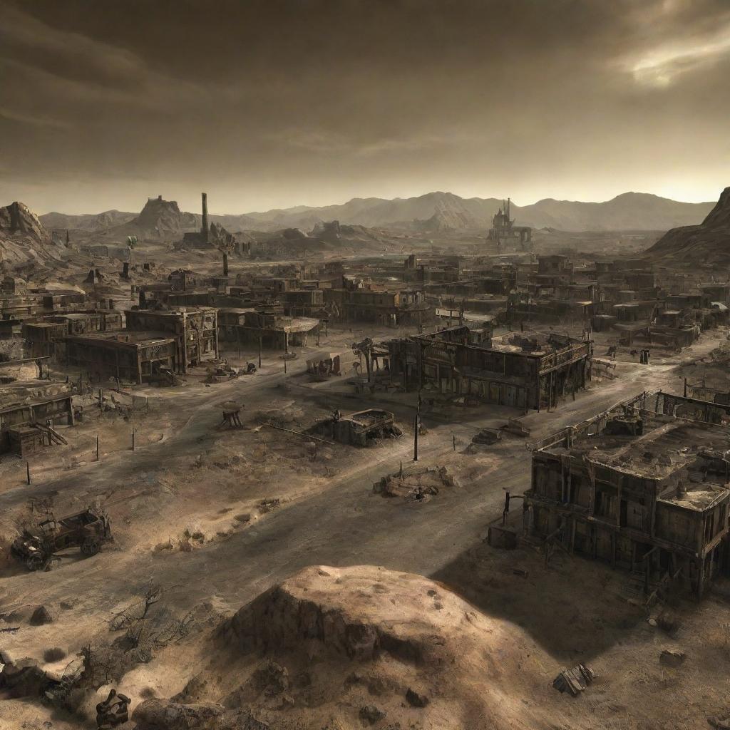 An artistically rendered scene of the post-apocalyptic world depicted in Fallout New Vegas, with its iconic landmarks and desolate, irradiated desert.