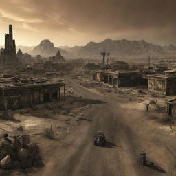 An artistically rendered scene of the post-apocalyptic world depicted in Fallout New Vegas, with its iconic landmarks and desolate, irradiated desert.