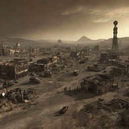 An artistically rendered scene of the post-apocalyptic world depicted in Fallout New Vegas, with its iconic landmarks and desolate, irradiated desert.