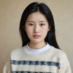 A Korean girl with black hair and white skin, wearing a sweater from Algeria