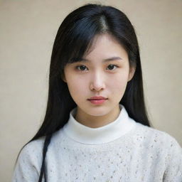 A Korean girl with black hair and white skin, wearing a sweater from Algeria