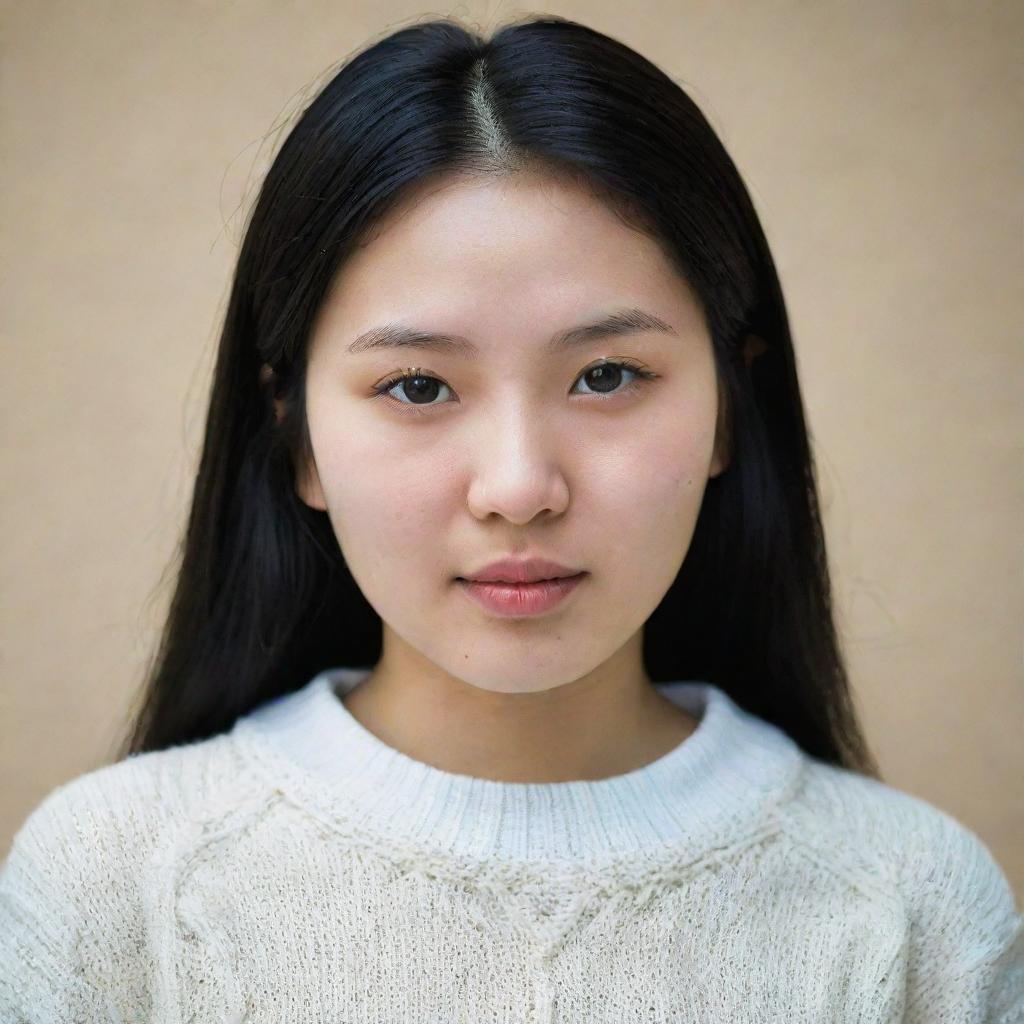 A Korean girl with black hair and white skin, wearing a sweater from Algeria