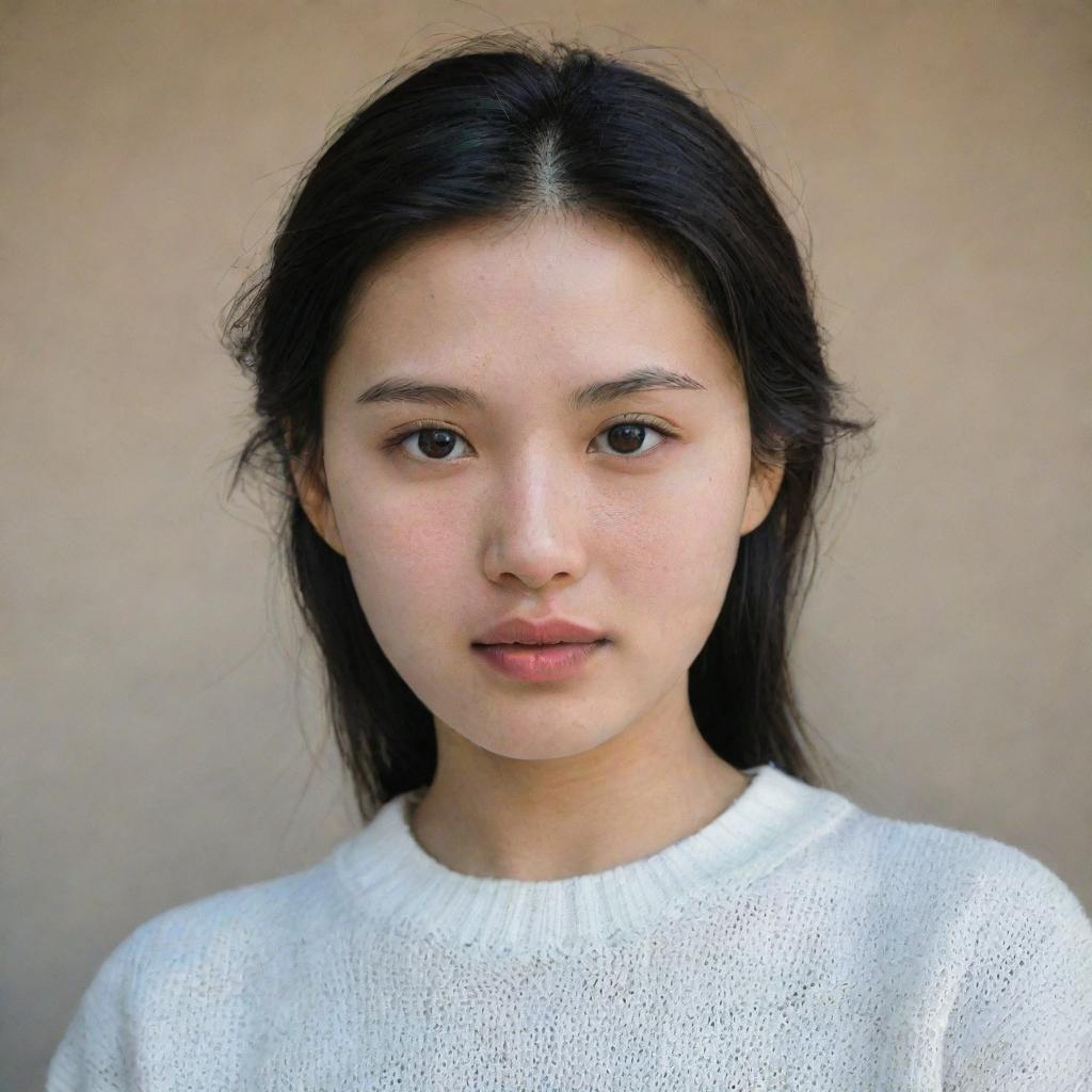 A Korean girl with black hair and white skin, wearing a sweater from Algeria