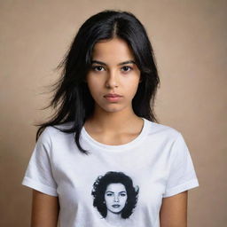 An artistic portrait of a girl with black hair wearing a t-shirt from Algeria