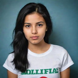 An artistic portrait of a girl with black hair wearing a t-shirt from Algeria