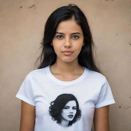 An artistic portrait of a girl with black hair wearing a t-shirt from Algeria