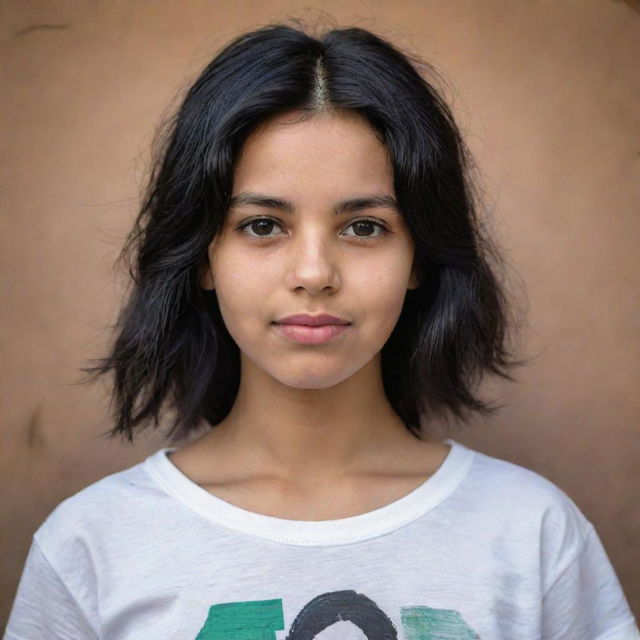 An artistic portrait of a girl with black hair wearing a t-shirt from Algeria