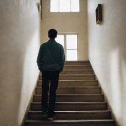 Produce an image of a university student, nearing his final year, standing at the crest of a staircase fraught with nostalgia. Behind him are shadow figures of friends, symbolizing cherished memories soon to fade.