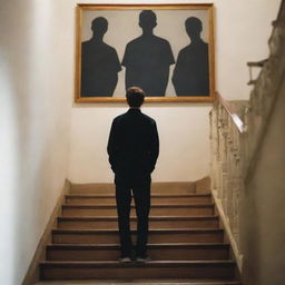 Produce an image of a university student, nearing his final year, standing at the crest of a staircase fraught with nostalgia. Behind him are shadow figures of friends, symbolizing cherished memories soon to fade.