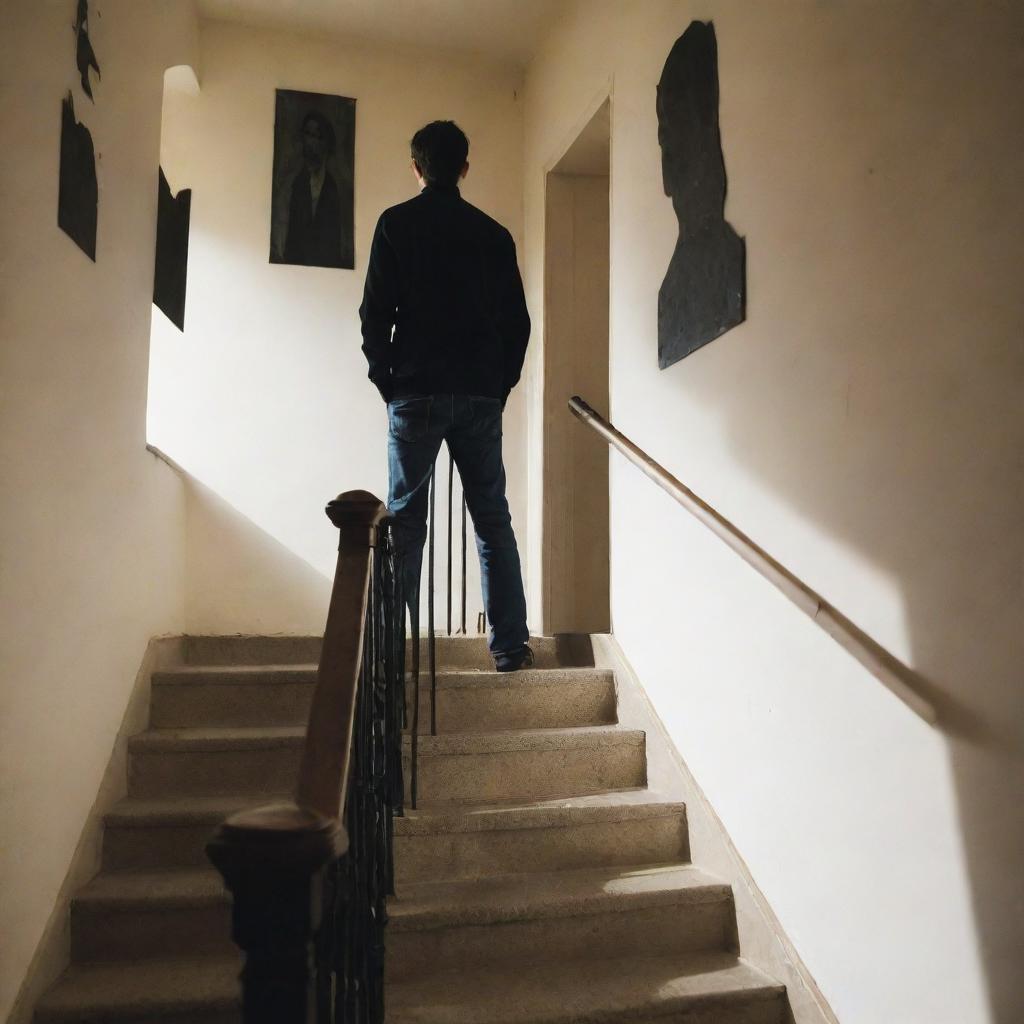 Produce an image of a university student, nearing his final year, standing at the crest of a staircase fraught with nostalgia. Behind him are shadow figures of friends, symbolizing cherished memories soon to fade.