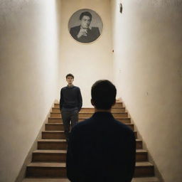 Produce an image of a university student, nearing his final year, standing at the crest of a staircase fraught with nostalgia. Behind him are shadow figures of friends, symbolizing cherished memories soon to fade.