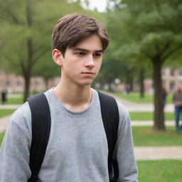 A college boy nearing his final year, filled with nostalgia and melancholy as he realizes he will miss his friends deeply. He is standing on the campus with his friends, his expression poignant and a hint of sadness in his eyes.