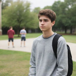 A college boy nearing his final year, filled with nostalgia and melancholy as he realizes he will miss his friends deeply. He is standing on the campus with his friends, his expression poignant and a hint of sadness in his eyes.