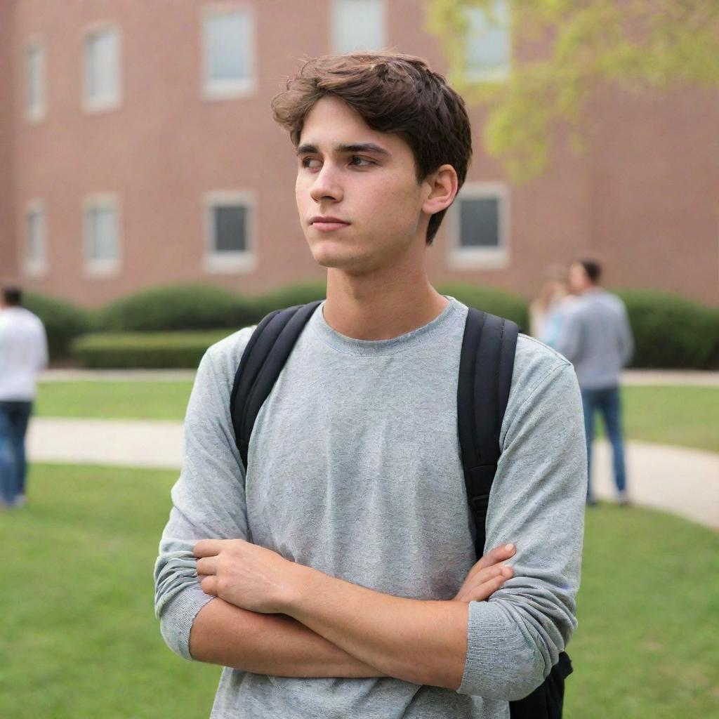 A college boy nearing his final year, filled with nostalgia and melancholy as he realizes he will miss his friends deeply. He is standing on the campus with his friends, his expression poignant and a hint of sadness in his eyes.