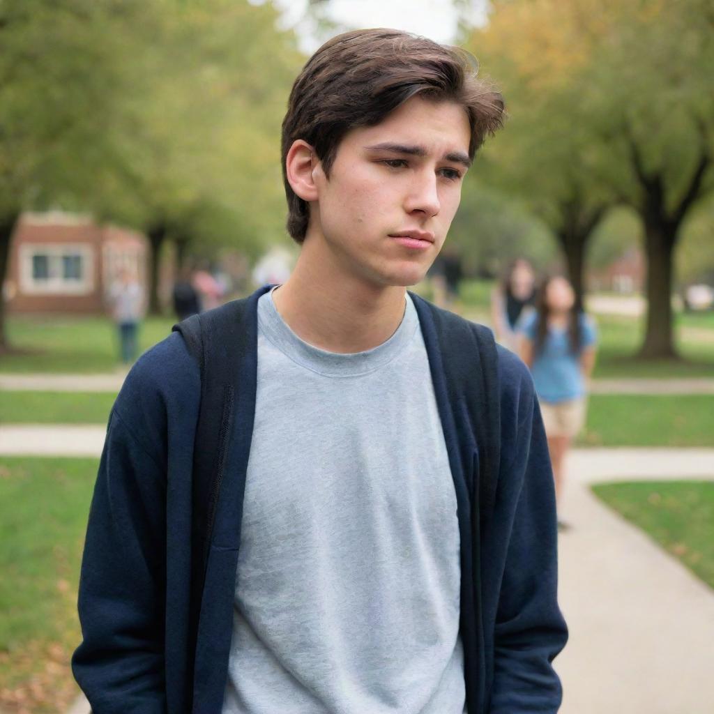 A college boy nearing his final year, filled with nostalgia and melancholy as he realizes he will miss his friends deeply. He is standing on the campus with his friends, his expression poignant and a hint of sadness in his eyes.