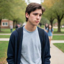 A college boy nearing his final year, filled with nostalgia and melancholy as he realizes he will miss his friends deeply. He is standing on the campus with his friends, his expression poignant and a hint of sadness in his eyes.