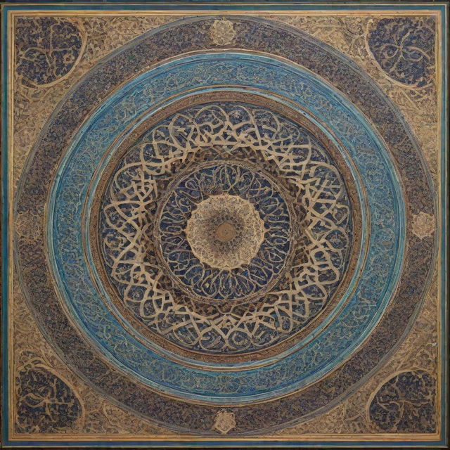 Generate a vibrant, intricate piece of Islamic art featuring symmetrical geometrical patterns, traditional arabesque designs, and lush, evocative calligraphy.