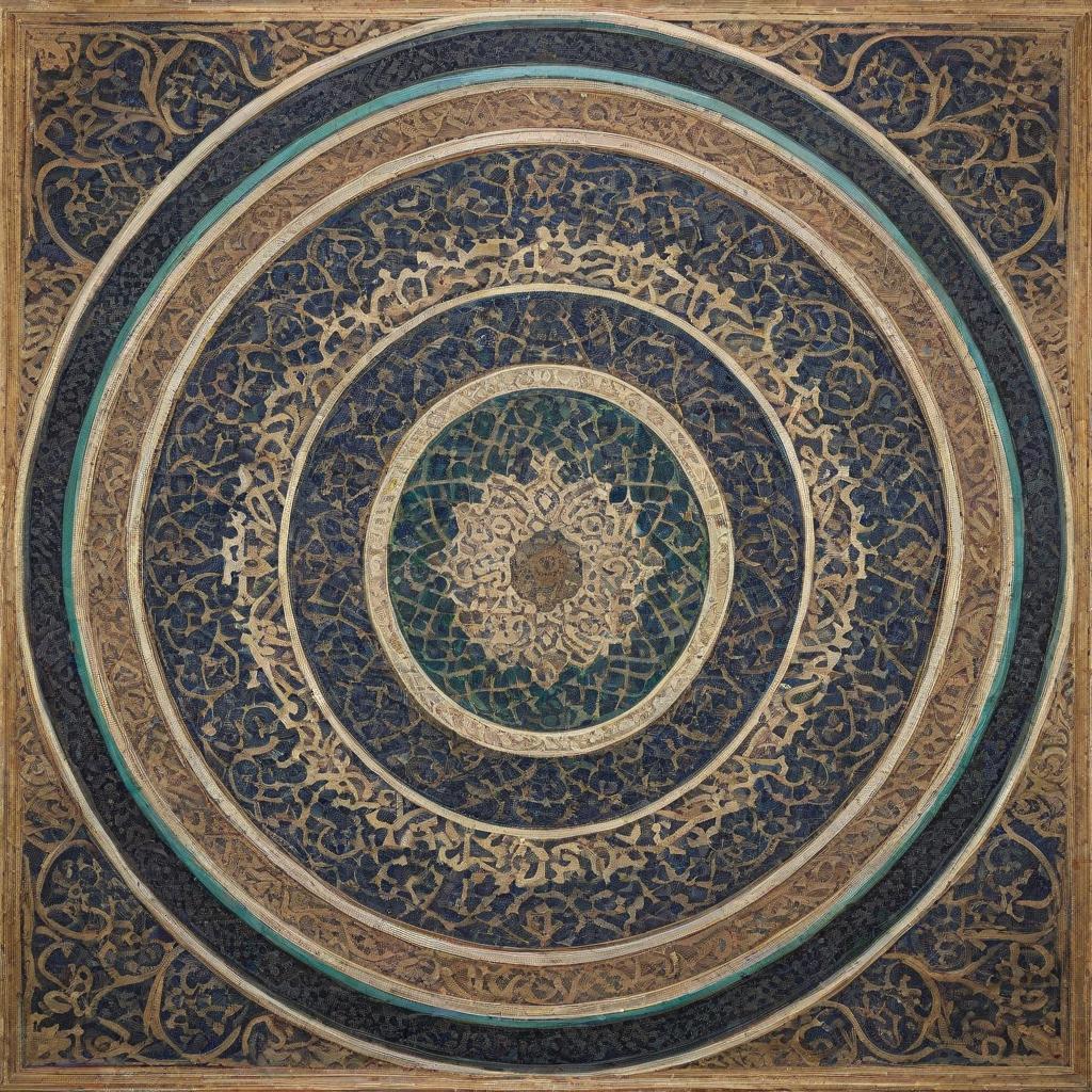 Generate a vibrant, intricate piece of Islamic art featuring symmetrical geometrical patterns, traditional arabesque designs, and lush, evocative calligraphy.