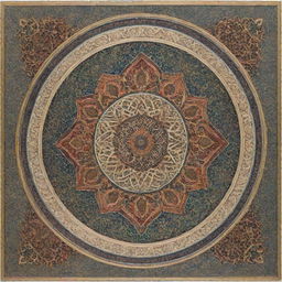 Generate a vibrant, intricate piece of Islamic art featuring symmetrical geometrical patterns, traditional arabesque designs, and lush, evocative calligraphy.