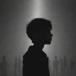 A melancholic boy looking into the distance, with shadowy figures representing his friends in the background.