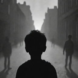 A melancholic boy looking into the distance, with shadowy figures representing his friends in the background.