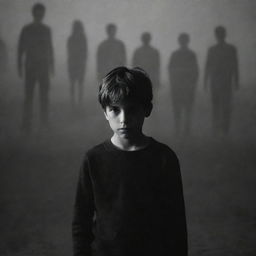 A melancholic boy looking into the distance, with shadowy figures representing his friends in the background.